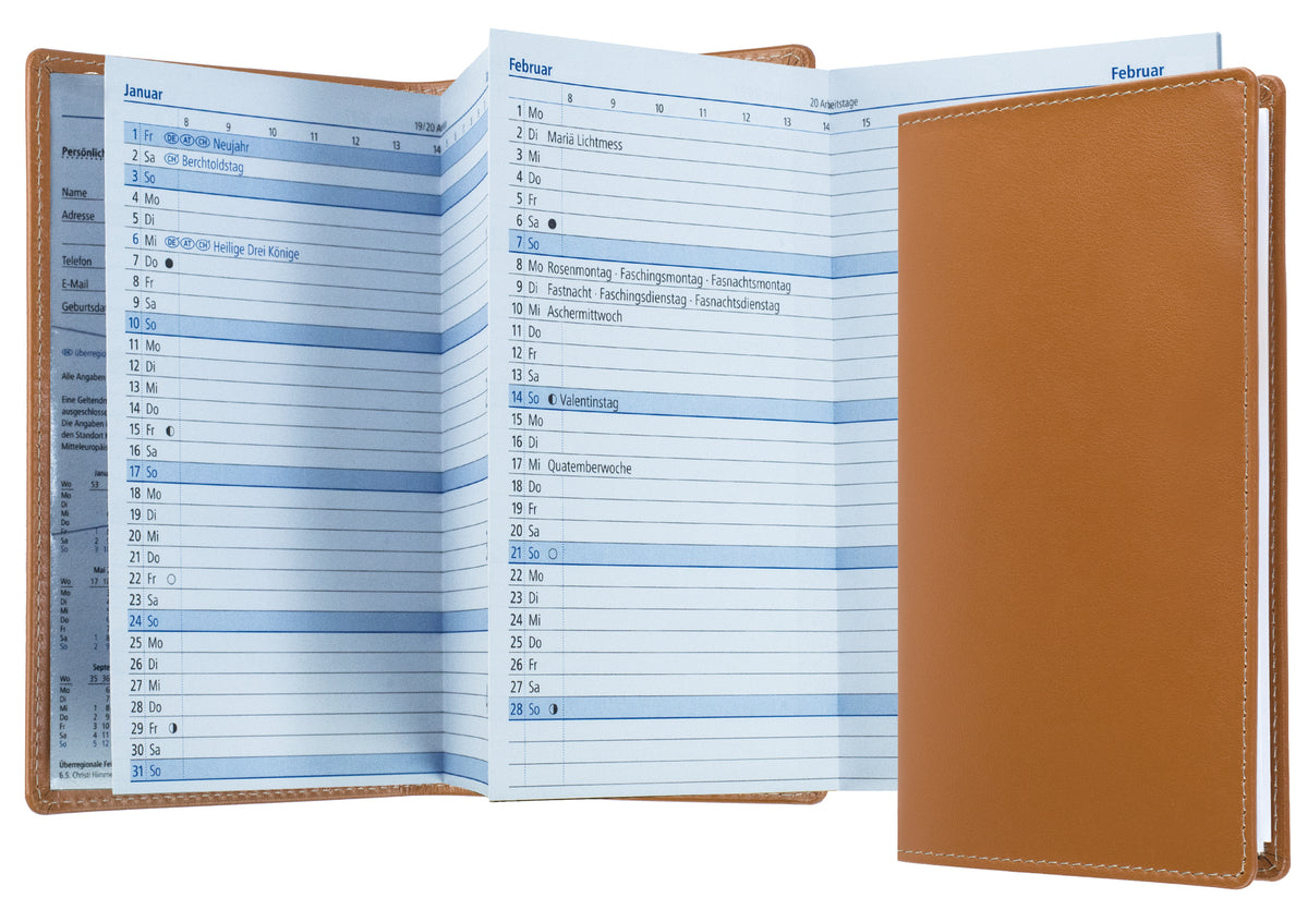 Leporello Faltkalender Pocket Format mit Adressheft | Echtleder | BOXCALF