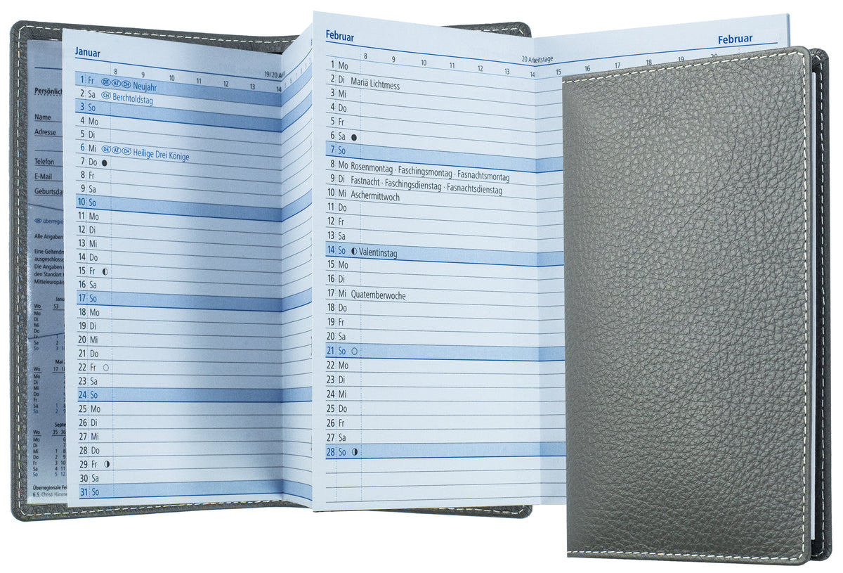 Leporello Faltkalender Pocket Format mit Adressheft | Echtleder | SOFTGRAIN