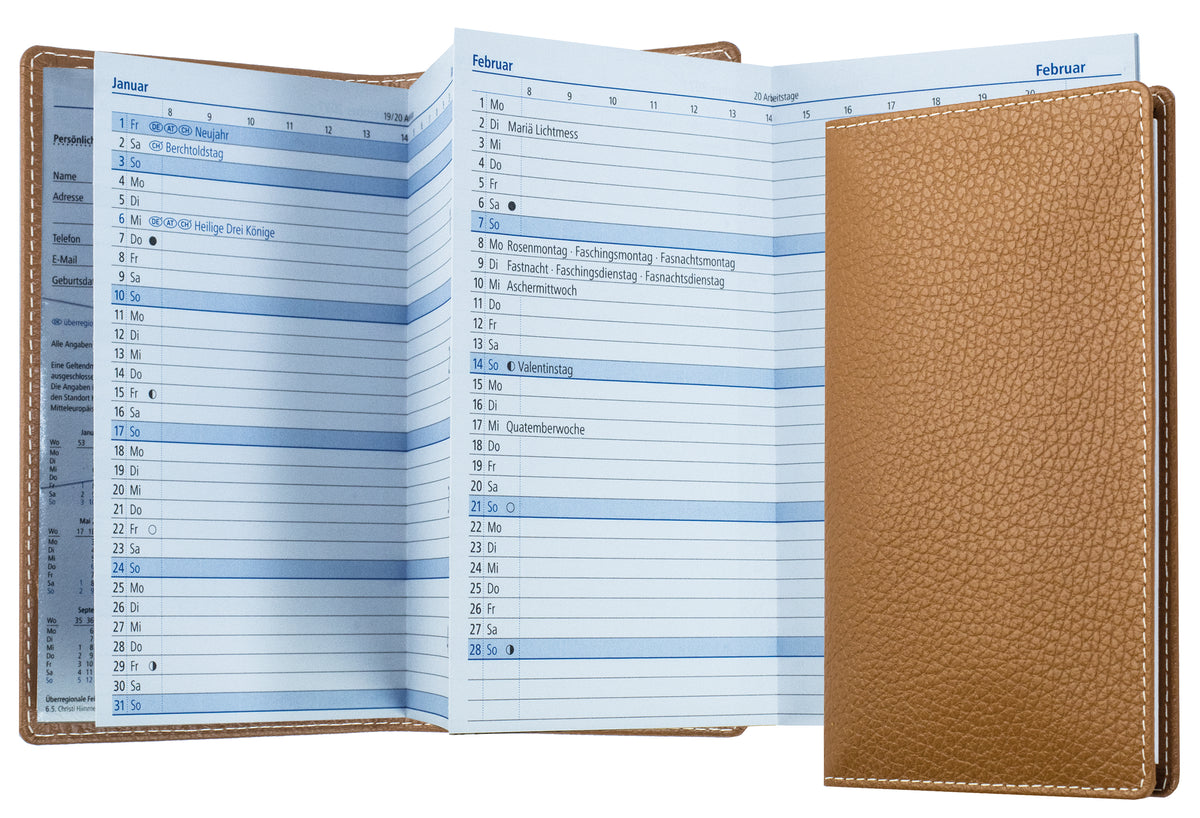 Leporello Faltkalender Pocket Format mit Adressheft | Echtleder | SOFTGRAIN