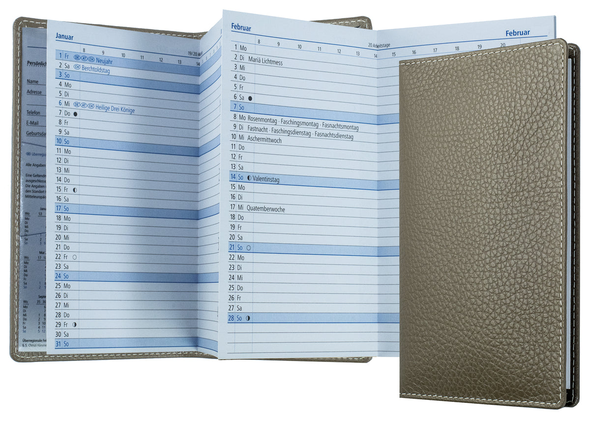 Leporello Faltkalender Pocket Format mit Adressheft | Echtleder | SOFTGRAIN