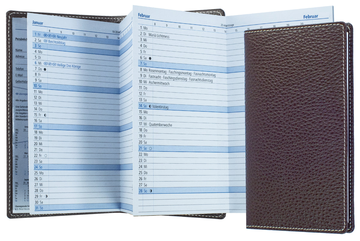 Leporello Faltkalender Pocket Format mit Adressheft | Echtleder | SOFTGRAIN