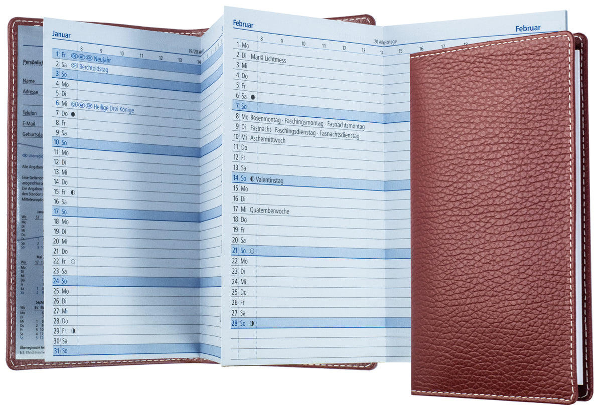 Leporello Faltkalender Pocket Format mit Adressheft | Echtleder | SOFTGRAIN