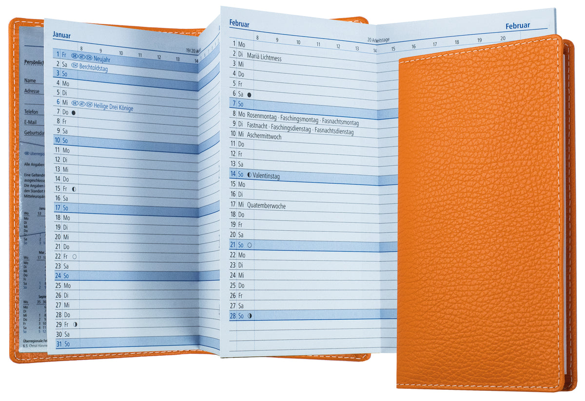 Leporello Faltkalender Pocket Format mit Adressheft | Echtleder | SOFTGRAIN
