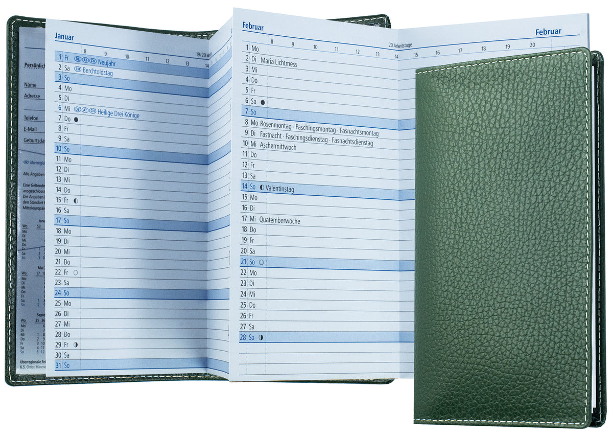 Leporello Faltkalender Pocket Format mit Adressheft | Echtleder | SOFTGRAIN