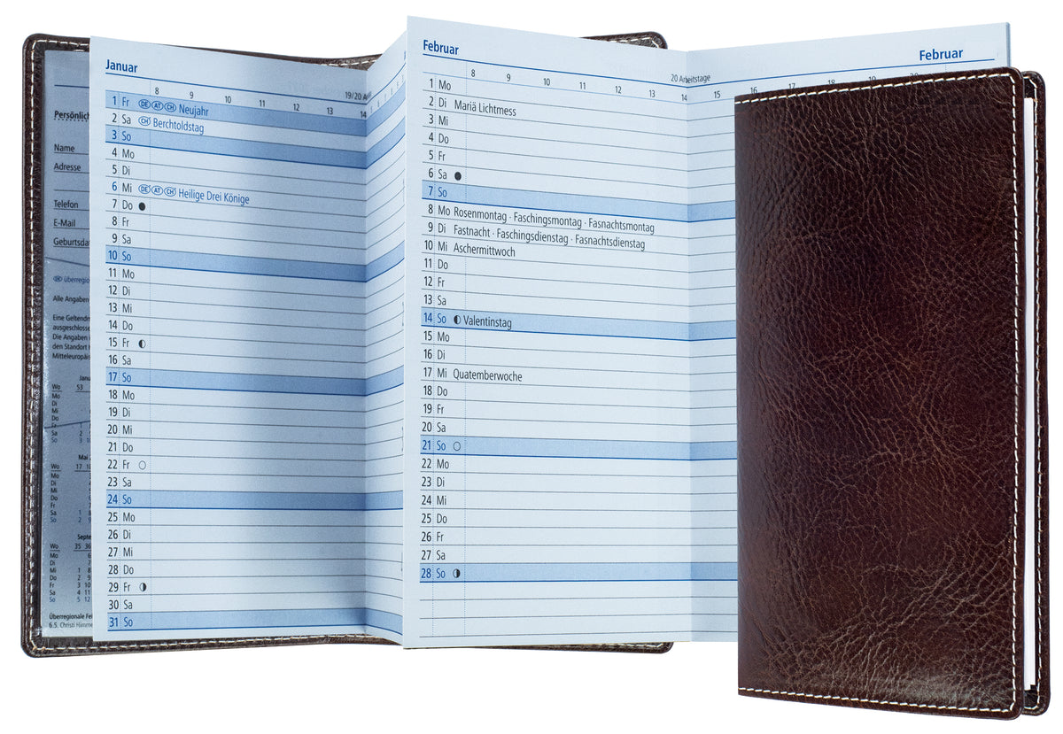 Leporello Faltkalender Pocket Format mit Adressheft | Echtleder | VINTAGE